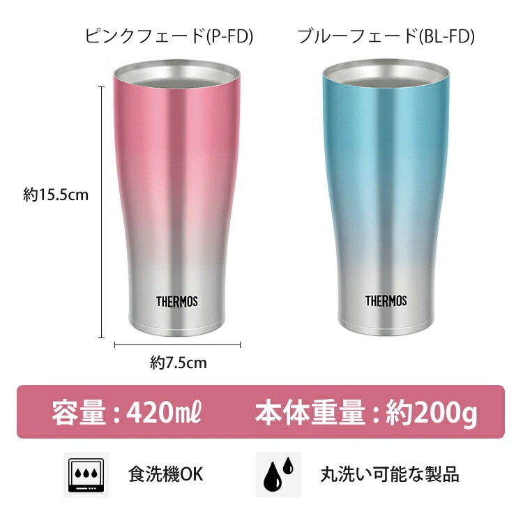ピンク＆ブルー ペアセット）サーモス 真空断熱タンブラー（420ml）＆専用フタ＆底カバー THERMOS ステンレス製魔法びん構造（保温・保冷  両対応）（食器洗い機使用可）JDE-421C＆JDE Lid＆JDE Bottom Cover ホームショッピング